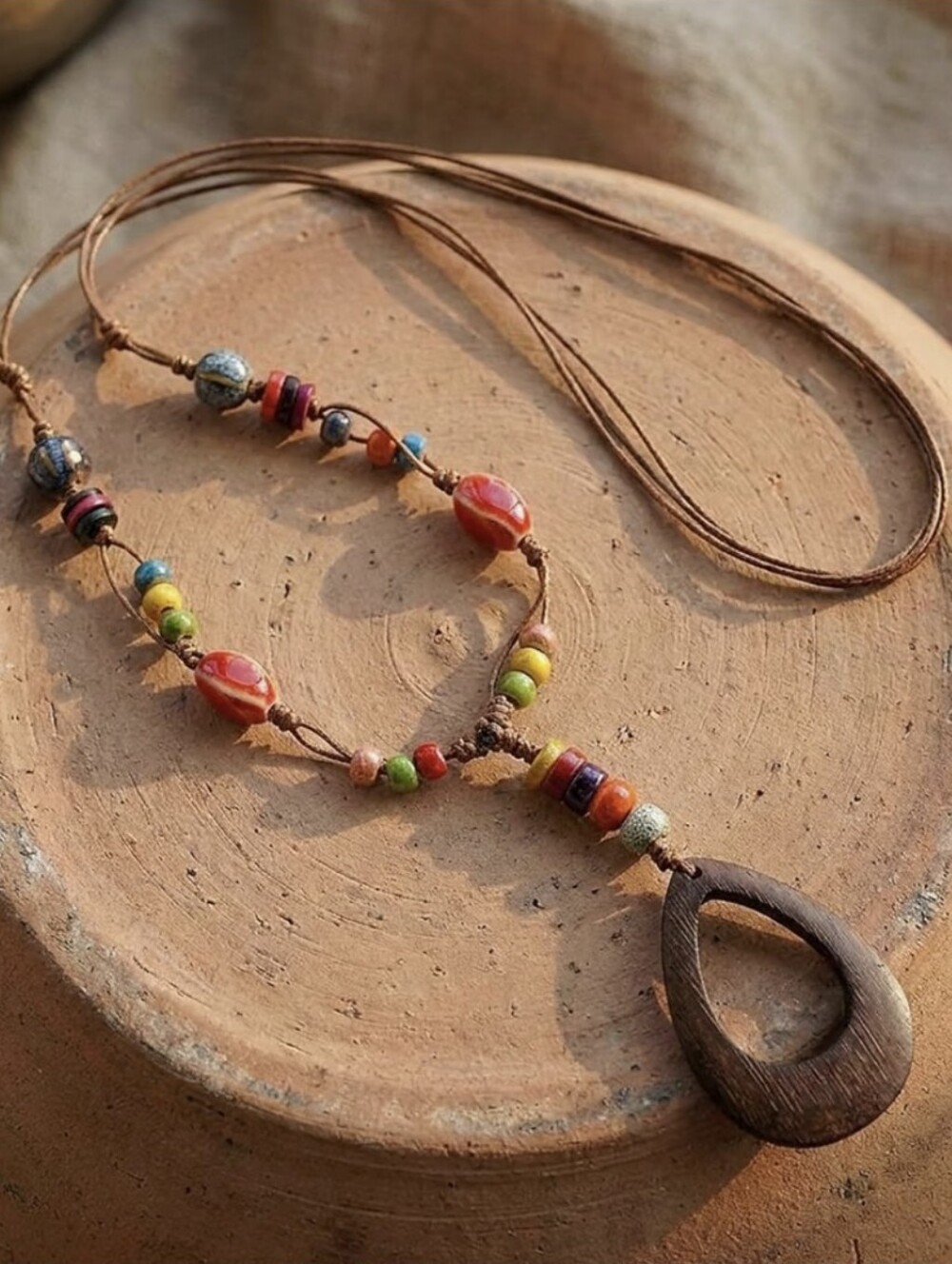 Bohemian Multicolor Beaded Necklace with Wooden Teardrop Pendant